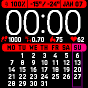 Red black watch face with calendar steps distance calories pulse and date