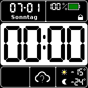Digital Groß Schwarz Oben-Unten, Datum, Akku, Wetter