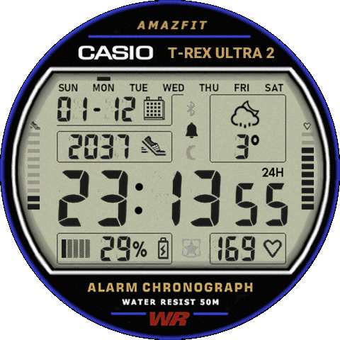 nostalgic trex 3 amazfit digital beautiful watchface in MMDD English format.
